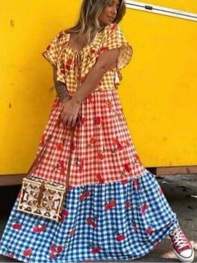 FARM Rio Gingham Tiered Maxi Dress in Yellow, Orange & Blue